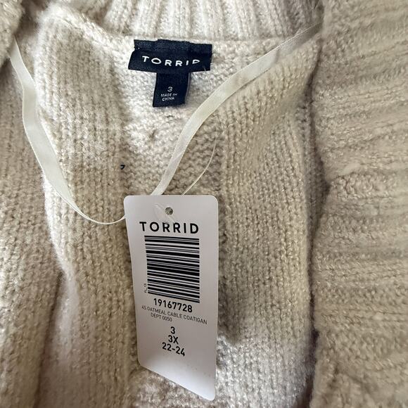 Torrid Oatmeal Cable Knit Open Front “Coatigan” Plus Size 3X NWT Shawl Collar - Picture 4 of 5
